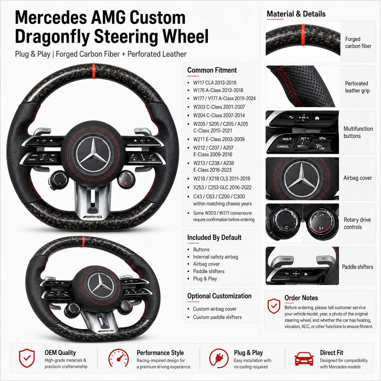 Mercedes W203 C-Class 2001-2007 forged carbon Dragonfly steering wheel detail layout by CJ Mod Garage
