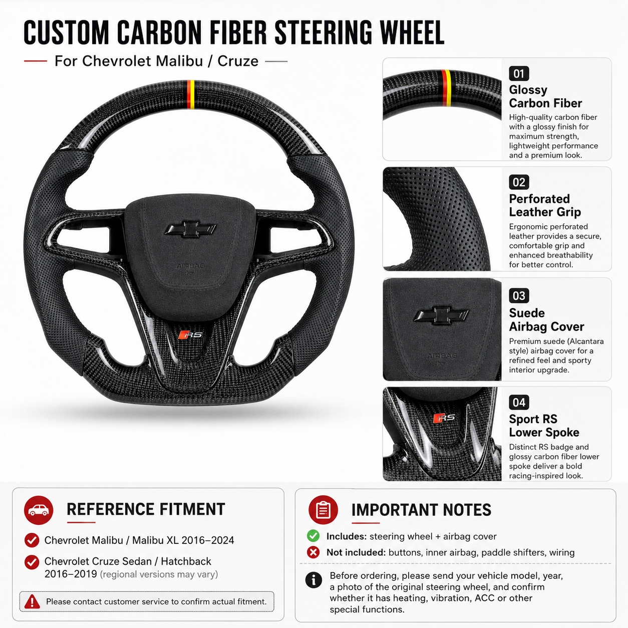 Custom Chevrolet Malibu Cruze carbon fiber steering wheel product detail image with black perforated leather suede airbag cover RS badge and yellow red center stripe
