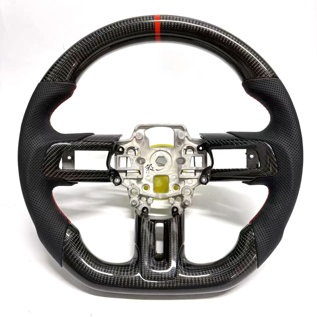 FOR Ford Mustang S550/GT 2015-2023 Carbon Fiber Steering Wheel - Black Carbon Fiber & Black Perforated Leather & Red Stripes - CJ Mod Garage