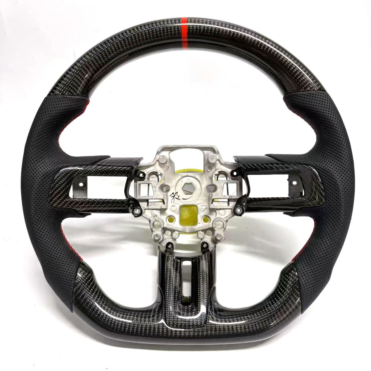 FOR Ford Mustang S550/GT 2015-2023 Carbon Fiber Steering Wheel - Black Carbon Fiber & Black Perforated Leather & Red Stripes - CJ Mod Garage