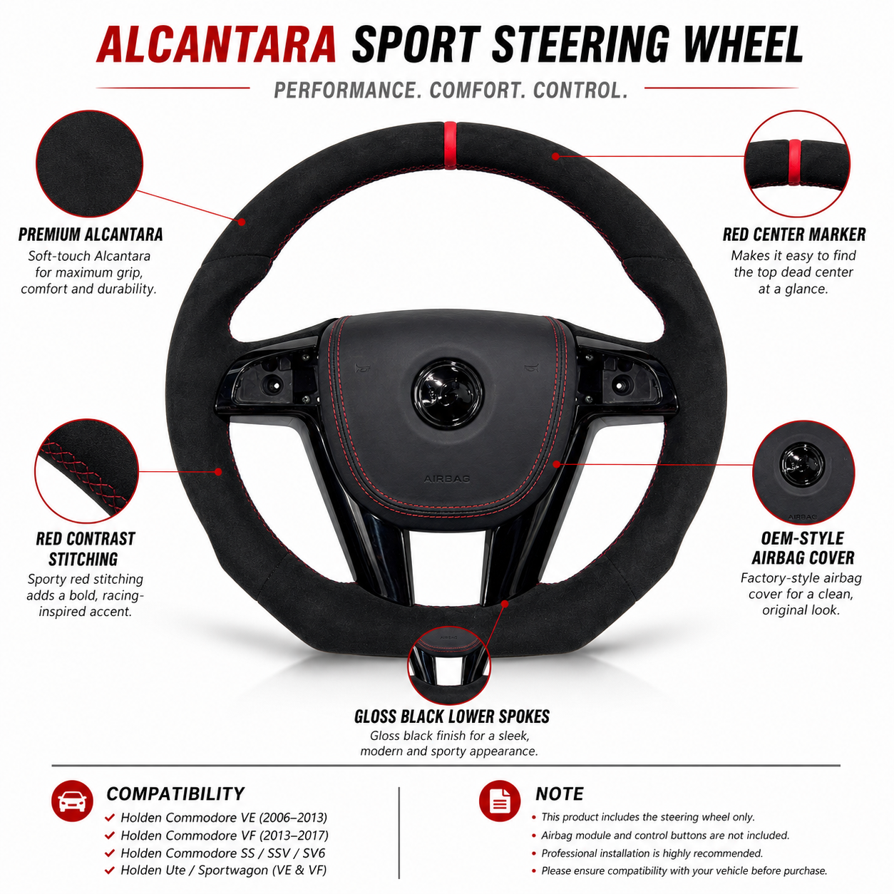 FOR Holden Commodore VE/Pontiac G8 Steering Wheel - Black Alcantara & Red Stripes & Airbag Cover - CJ Mod Garage & Product Details Image