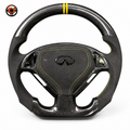Infiniti G25 G37 performance steering wheel installed in vehicle interior with carbon fiber finish Alcantara grips and yellow 12 oclock marker by CJ Mod Garage