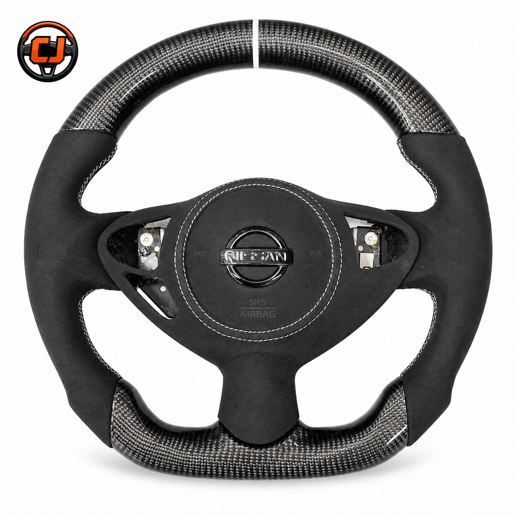 Nissan Sylphy Classic Sentra custom steering wheel crafted from carbon fiber and Alcantara with white top marker by CJ Mod Garage