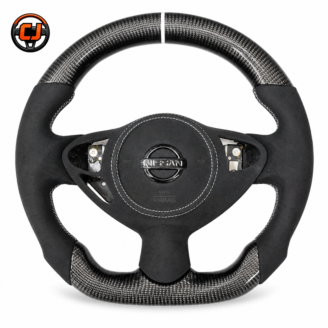 Nissan Sylphy Classic Sentra custom steering wheel crafted from carbon fiber and Alcantara with white top marker by CJ Mod Garage