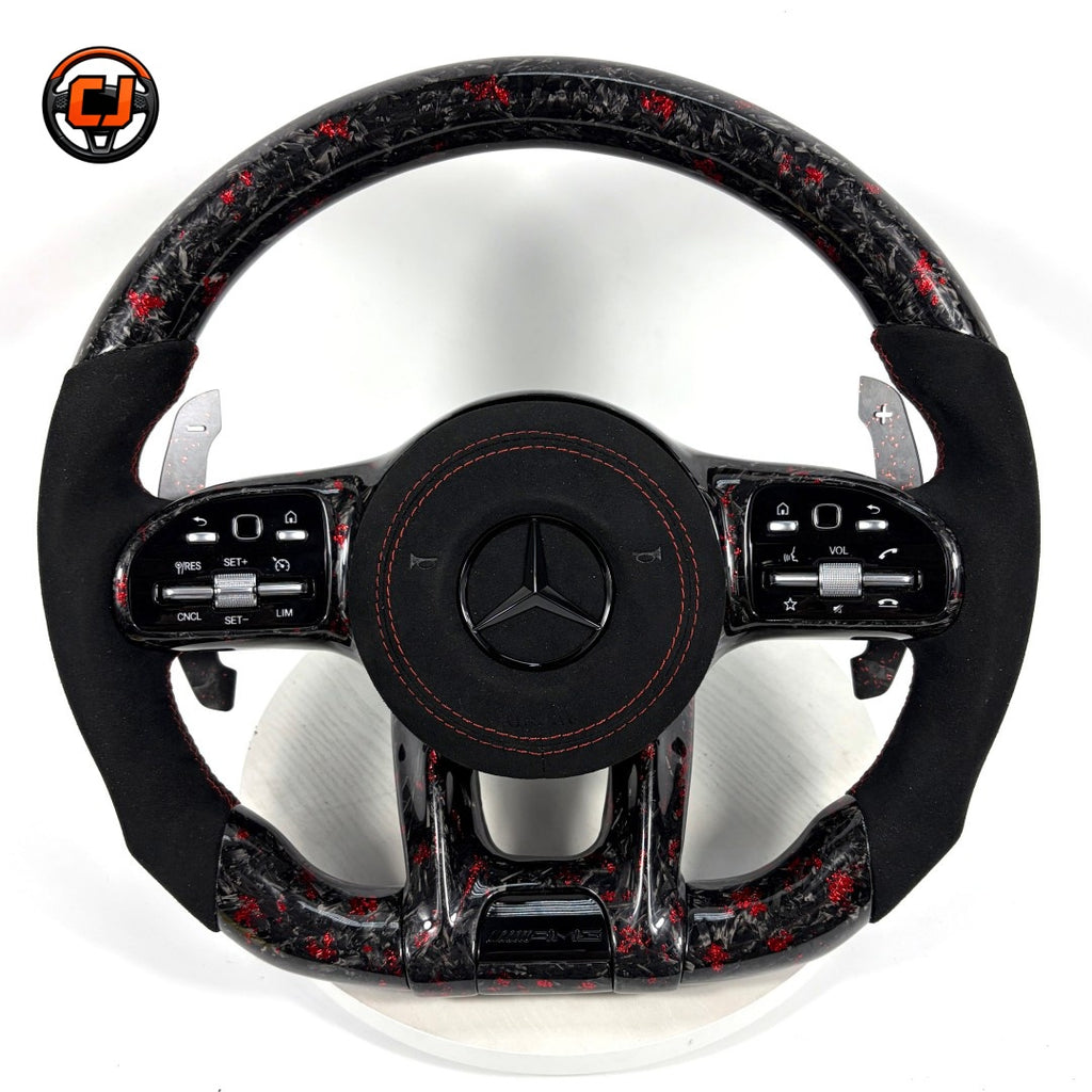 Mercedes AMG performance steering wheel with forged carbon red flake design black Alcantara side grips for W117 W176 W177 W203 W204 W205 W211 W212 W213 CJ Mod Garage