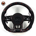 Mercedes AMG performance steering wheel with forged carbon red flake design black Alcantara side grips for W117 W176 W177 W203 W204 W205 W211 W212 W213 CJ Mod Garage