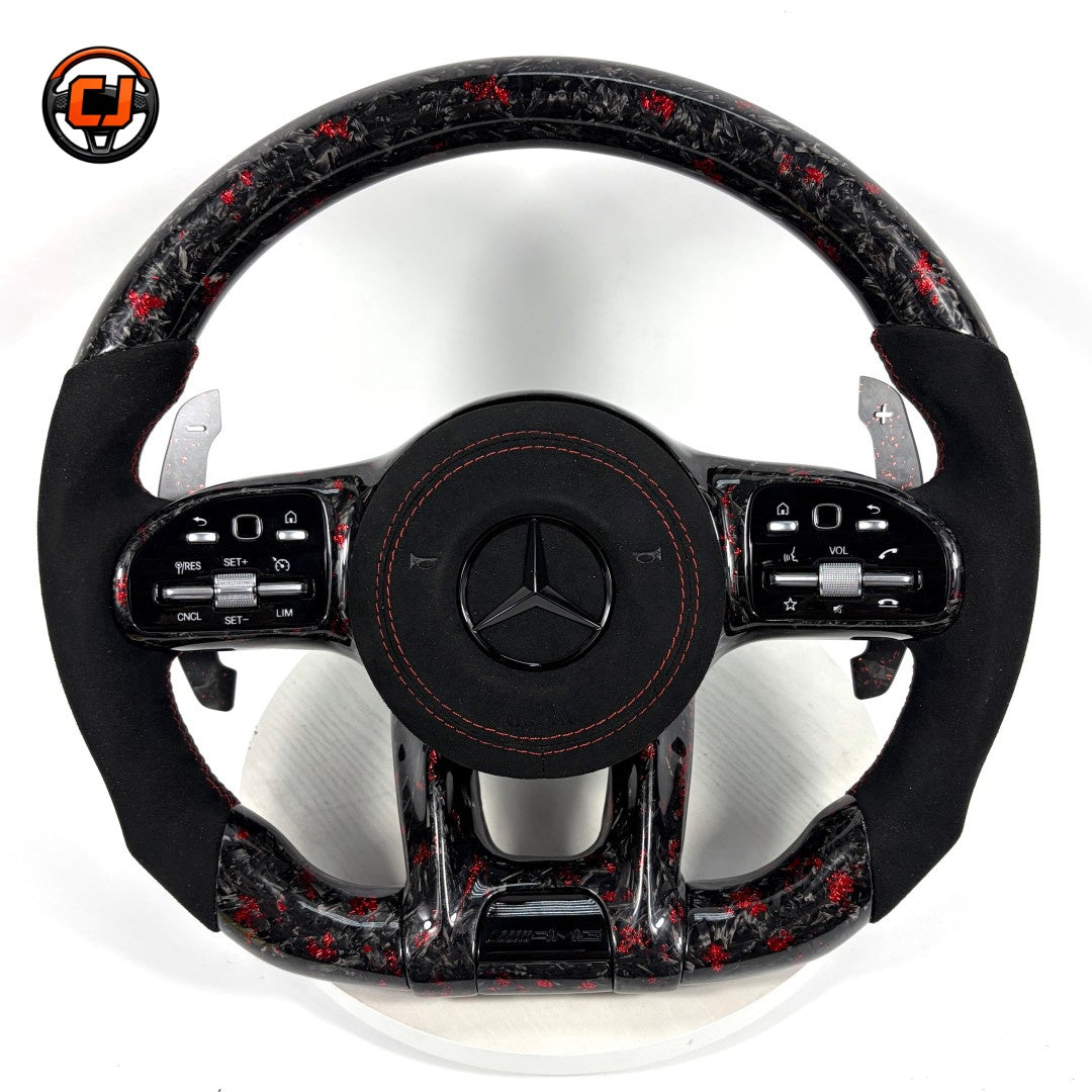 Mercedes AMG performance steering wheel with forged carbon red flake design black Alcantara side grips for W117 W176 W177 W203 W204 W205 W211 W212 W213 CJ Mod Garage