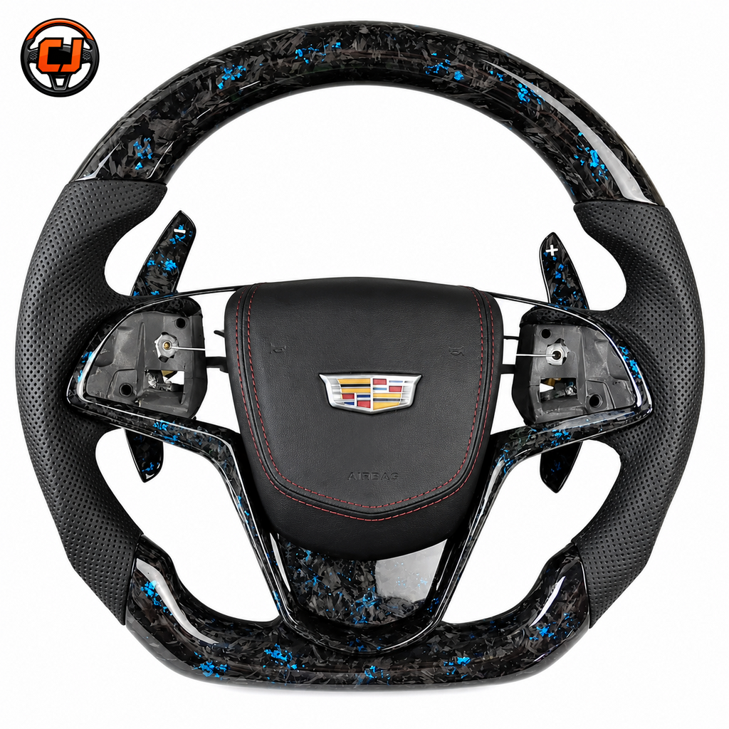 Garageillac ATS blue forged carbon steering wheel with red stitching and paddle shifters by CJ Mod Garage