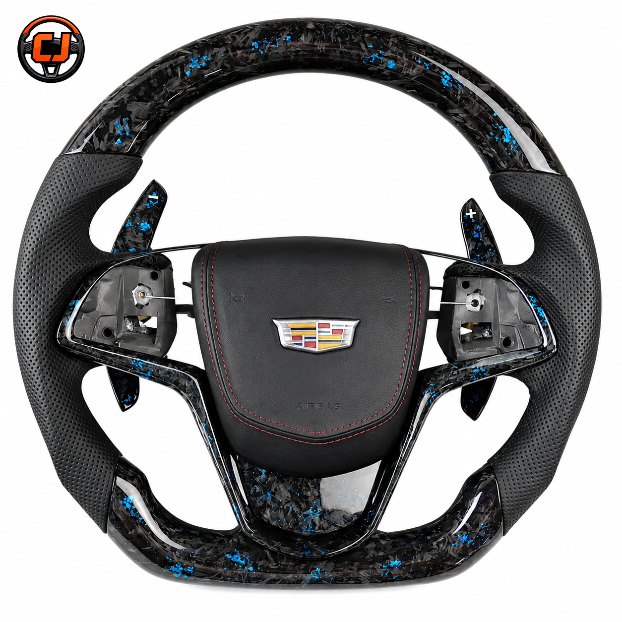 Garageillac ATS blue forged carbon steering wheel with red stitching and paddle shifters by CJ Mod Garage