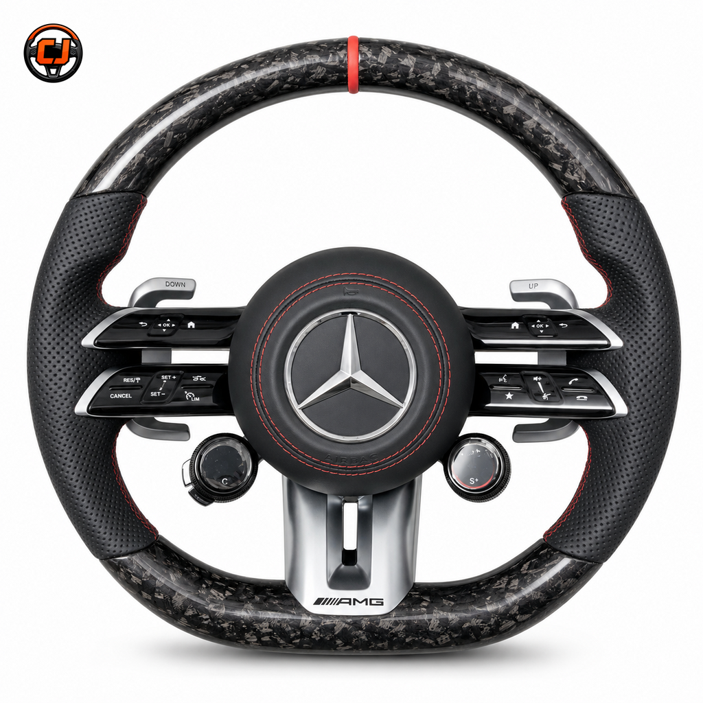 Mercedes W211 E-Class 2003-2009 forged carbon AMG steering wheel front view with red stripe by CJ Mod Garage