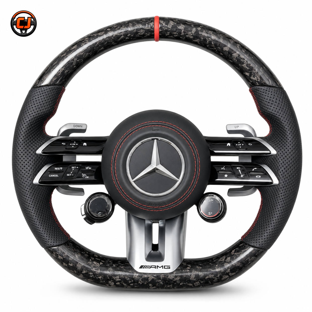 Mercedes W211 E-Class 2003-2009 forged carbon AMG steering wheel front view with red stripe by CJ Mod Garage