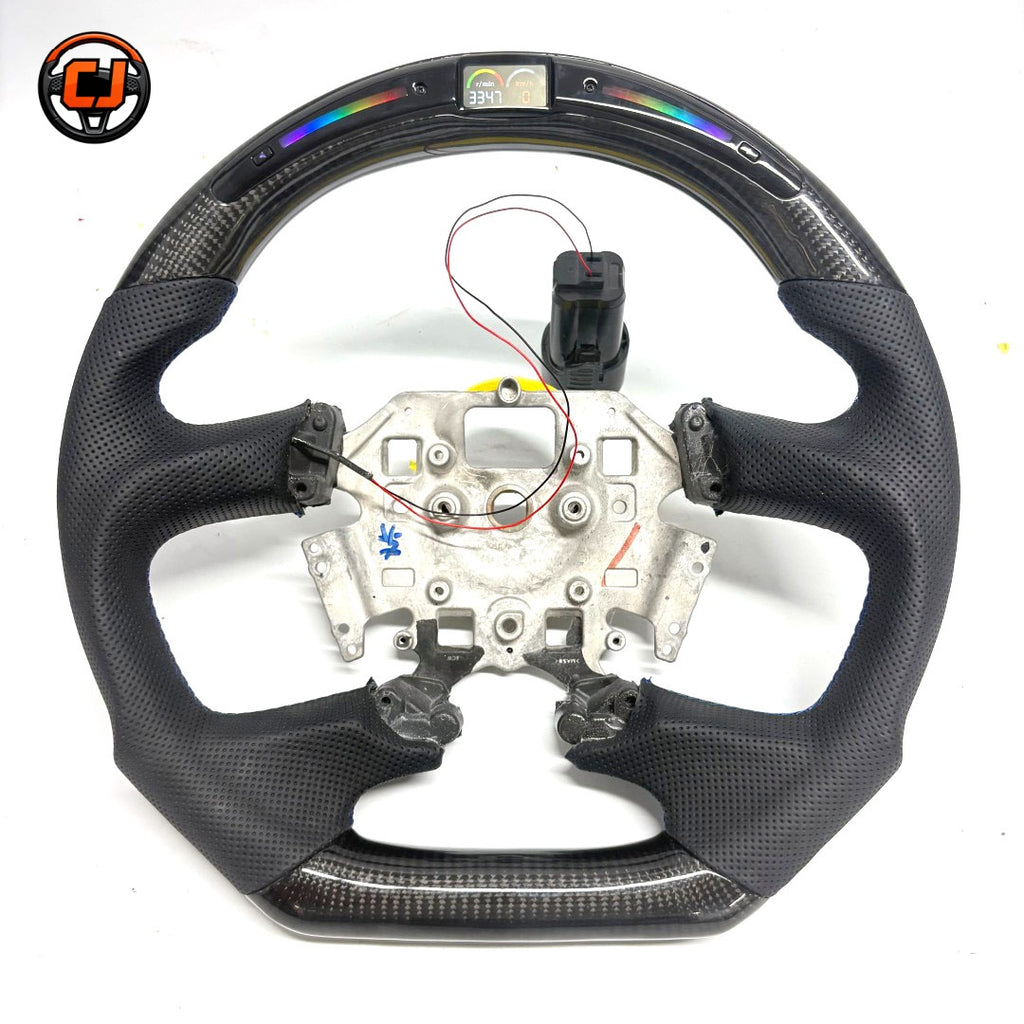 Ford Falcon FG XR XR6 XR8 LED flat-bottom steering wheel studio photo with carbon fiber and perforated leather by CJ Mod Garage