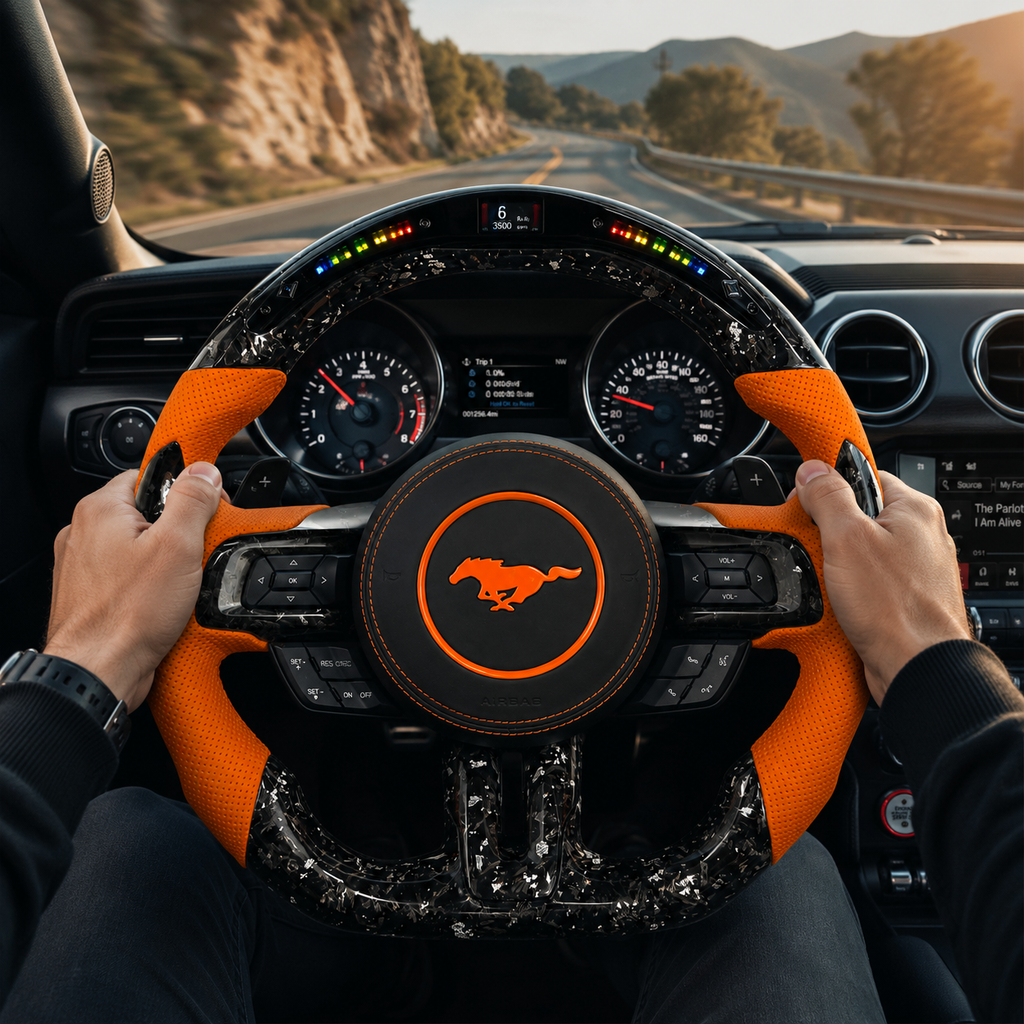 FOR Ford Mustang S550/GT 2015-2023 Carbon Fiber Steering Wheel - Silver Forged Carbon Fiber & Orange Perforated Leather & LED & Airbag Cover - CJ Mod Garage & Driving Scene Images