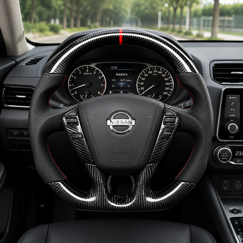 Nissan Sylphy Sentra custom carbon fiber steering wheel with perforated leather grips red stitching white accent lines and racing center stripe by CJ Mod Garage