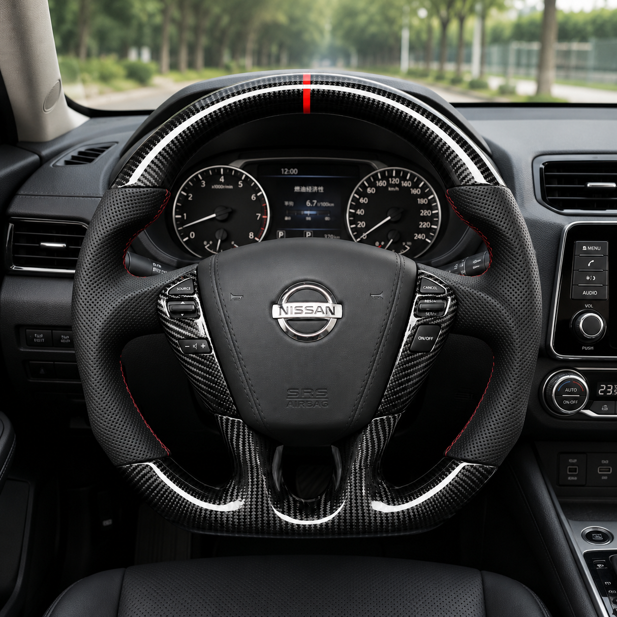 Nissan Sylphy Sentra custom carbon fiber steering wheel with perforated leather grips red stitching white accent lines and racing center stripe by CJ Mod Garage