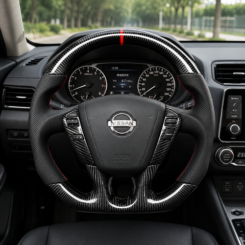Nissan Sylphy Sentra custom carbon fiber steering wheel with perforated leather grips red stitching white accent lines and racing center stripe by CJ Mod Garage