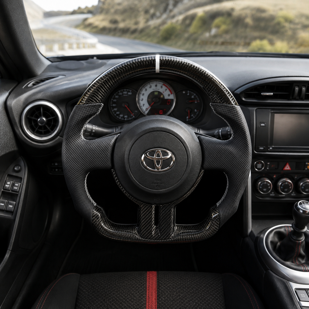 Toyota GT86 carbon fiber steering wheel with white 12 o’clock marker, perforated leather grips and ergonomic flat-bottom profile installed in vehicle interior by CJ Mod Garage