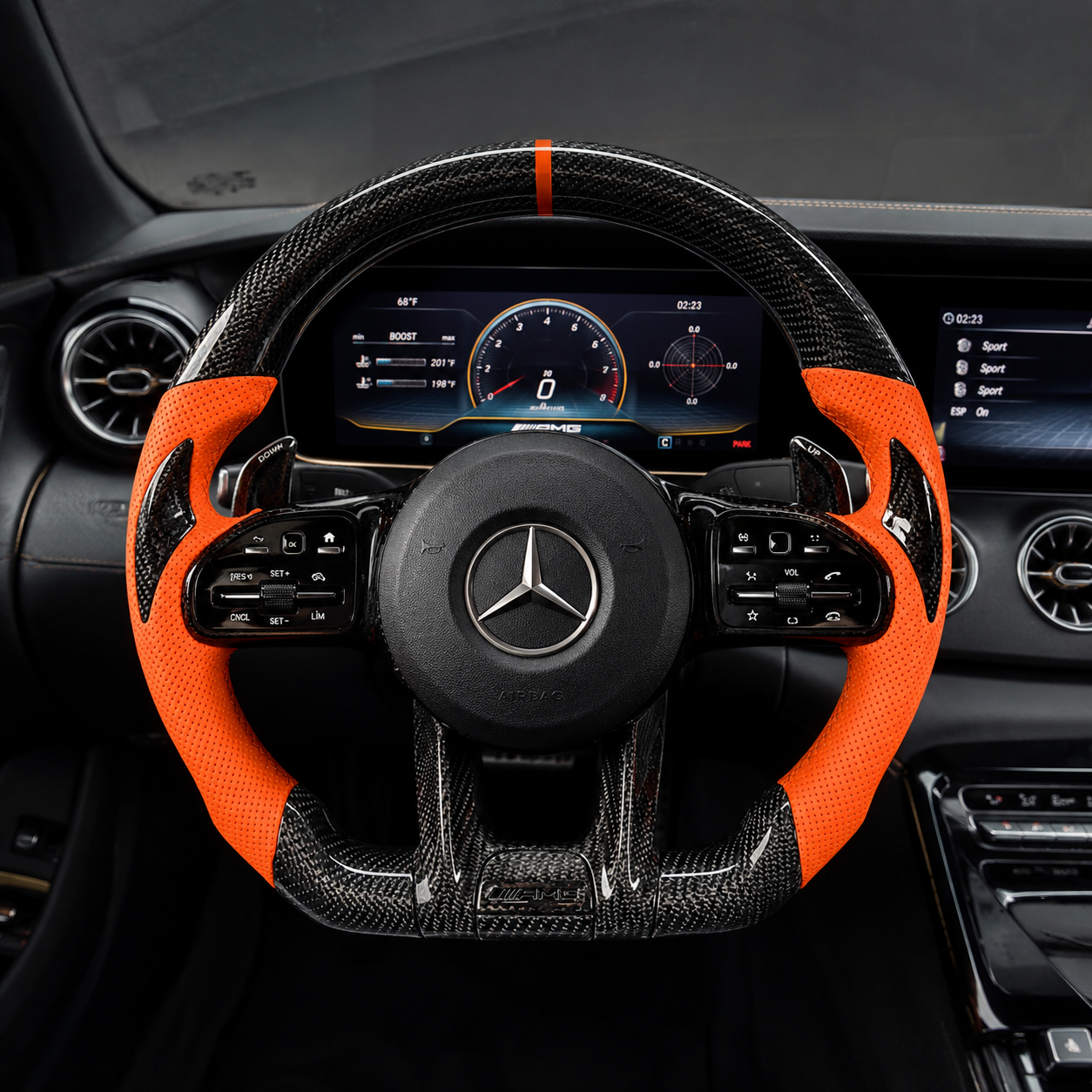 Mercedes AMG carbon fiber steering wheel with orange leather grips orange center stripe for W117 W176 W177 W205 W213 C43 C63 C200 C300 CJ Mod Garage