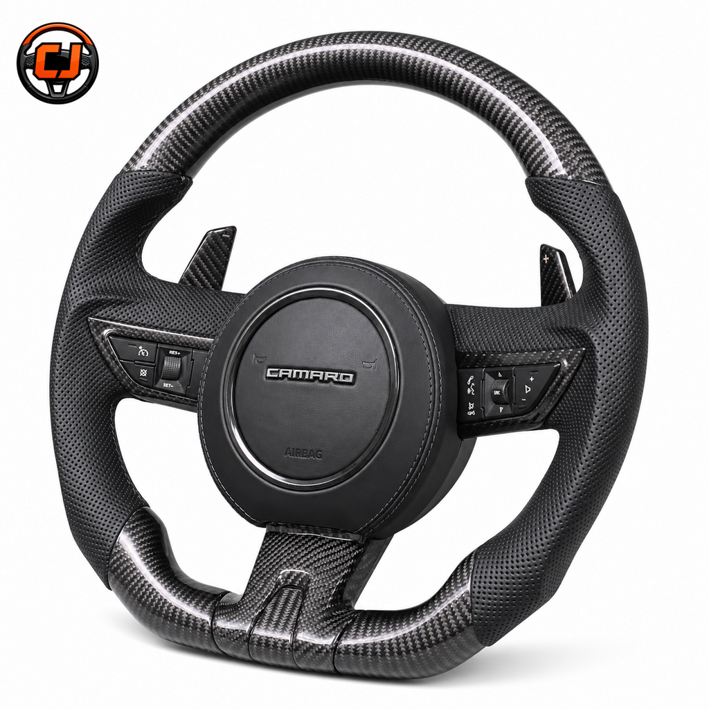 Custom Chevrolet Camaro carbon fiber steering wheel with black perforated leather round Camaro airbag cover paddle shifter design and flat bottom shape