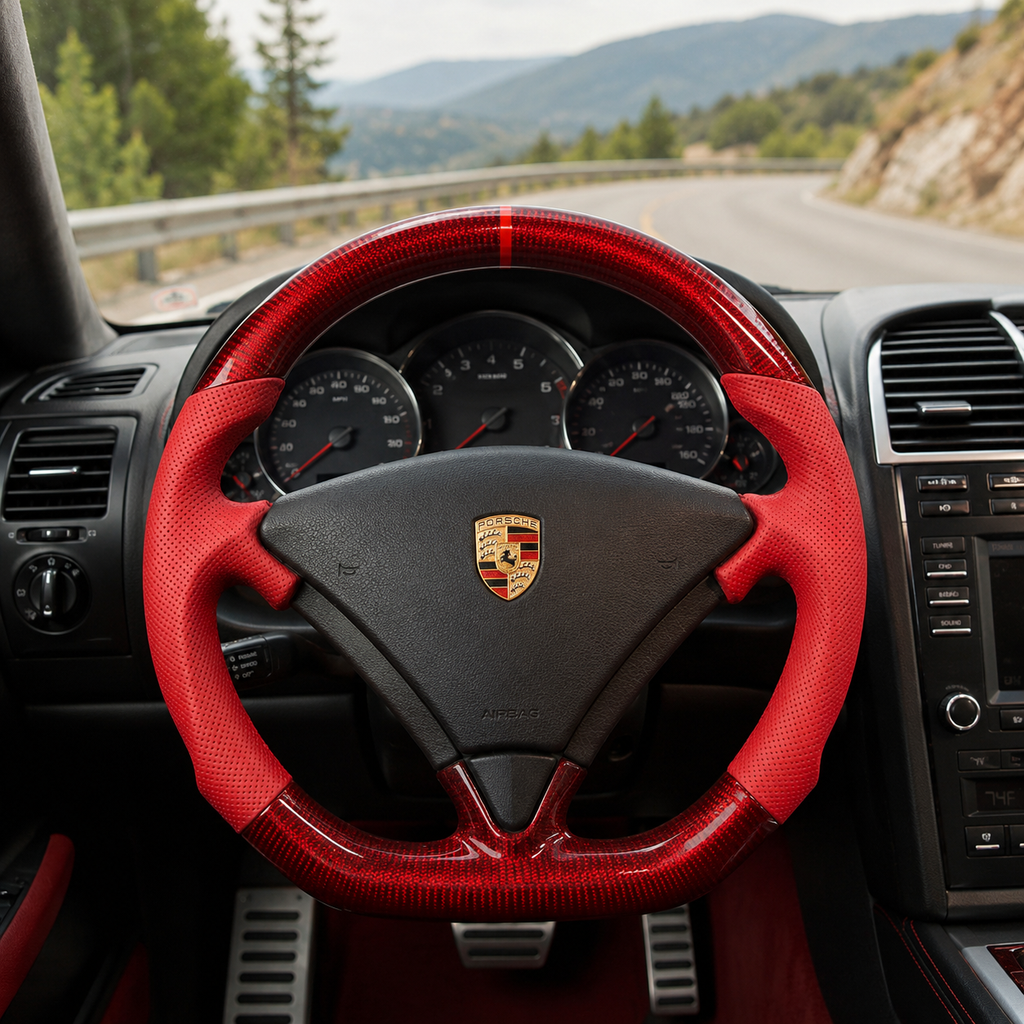 Custom Porsche Steering Wheel Gloss Red Carbon Fiber and Red Perforated Leather Design for Cayenne 955 957 2003 2010 Sport Upgrade Collection CJ Mod Garage