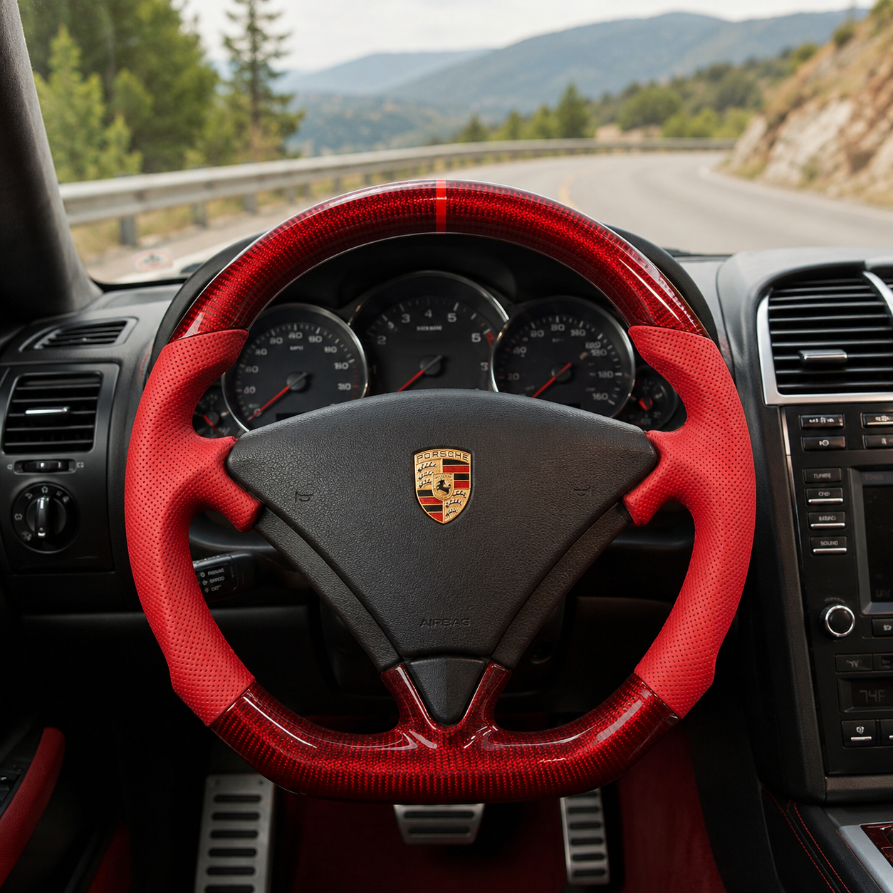 Custom Porsche Steering Wheel Gloss Red Carbon Fiber and Red Perforated Leather Design for Cayenne 955 957 2003 2010 Sport Upgrade Collection CJ Mod Garage