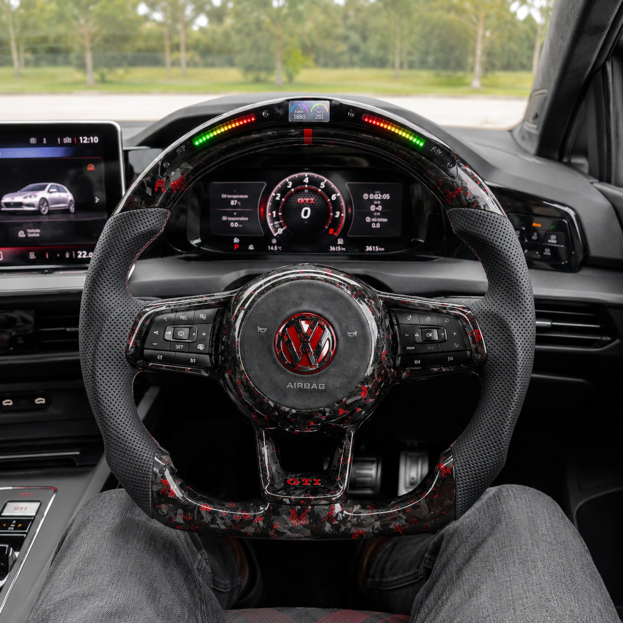 Volkswagen Golf GTI Mk7 2013 to 2020 red forged carbon LED wheel displayed in MQB cabin CJ Mod Garage
