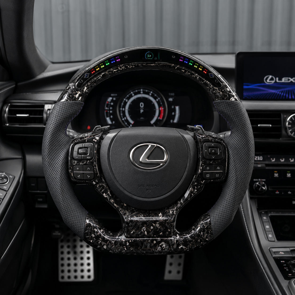 Lexus F Sport Custom Steering Wheel With Forged Carbon Finish LED Shift Lights Black Perforated Leather Grip And Flat Bottom Design For Lexus IS 2014 2020 RC 2015 2020 GS 2013 2020 NX 2015 2021 CT 2014 2022 CJ Mod Garage