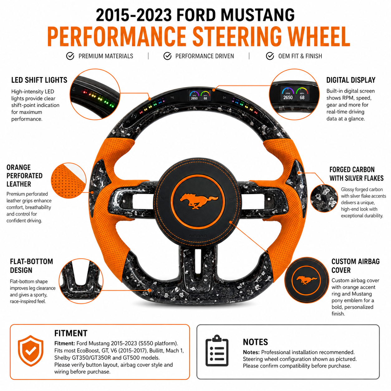 FOR Ford Mustang S550/GT 2015-2023 Carbon Fiber Steering Wheel - Silver Forged Carbon Fiber & Orange Perforated Leather & LED & Airbag Cover - CJ Mod Garage & Product Details Image