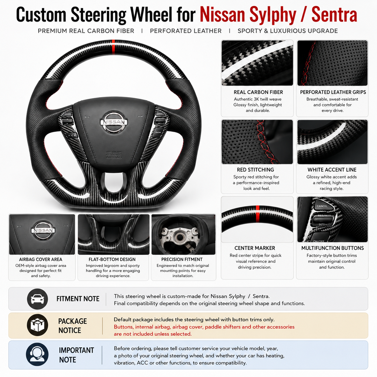 Nissan Sentra B17 forged carbon fiber steering wheel featuring gloss carbon weave perforated leather side grips and red contrast stitching by CJ Mod Garage