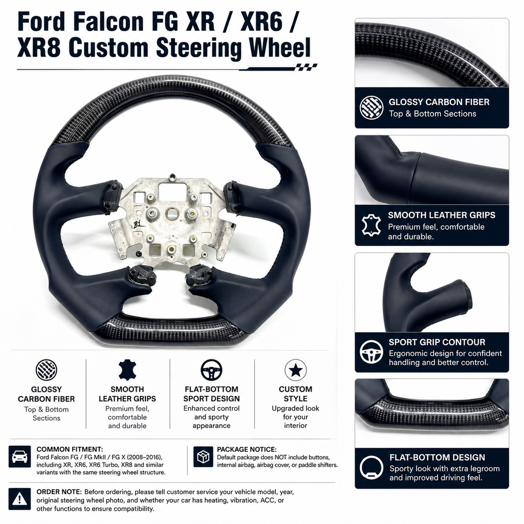 Custom Ford Falcon FG XR XR6 XR8 carbon fiber steering wheel featuring premium leather hand grips, ergonomic contour shaping and high-gloss carbon finish by CJ Mod Garage