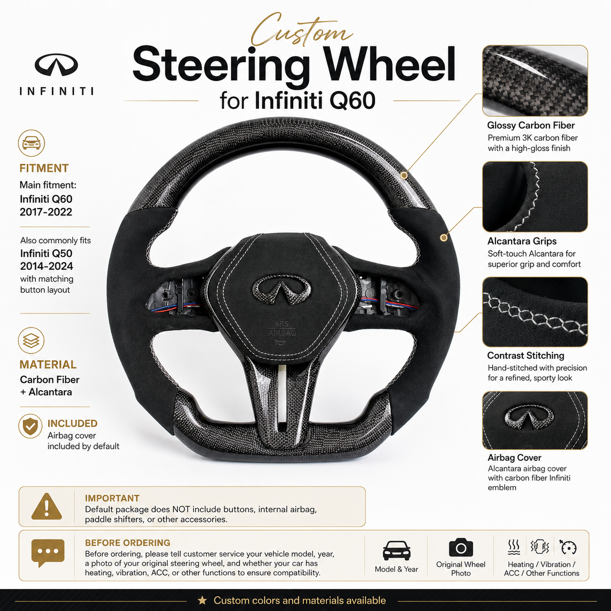 Infiniti Q60 carbon fiber and Alcantara steering wheel featuring glossy carbon weave white contrast stitching premium airbag cover and OEM fitment by CJ Mod Gara