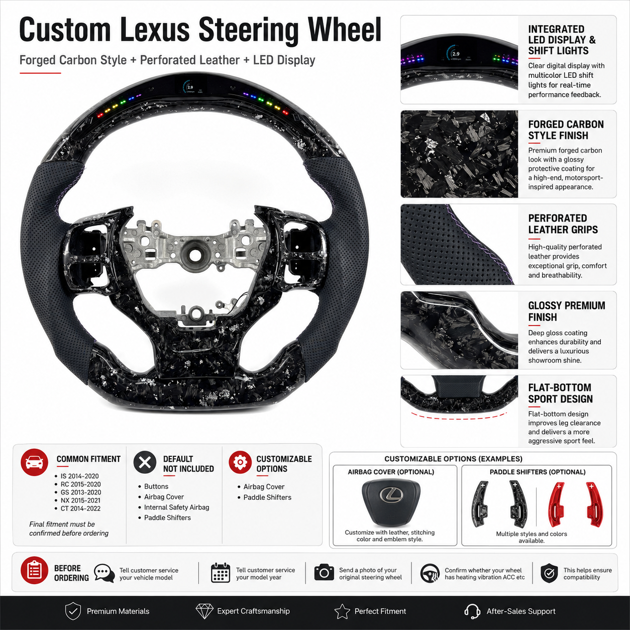 Custom Lexus F Sport Forged Carbon Steering Wheel Featuring Integrated LED Display Black Perforated Leather Flat Bottom Profile And Optional Paddle Shifters For Lexus IS 2014 2020 RC 2015 2020 GS 2013 2020 NX 2015 2021 CT 2014 2022 CJ Mod Garage