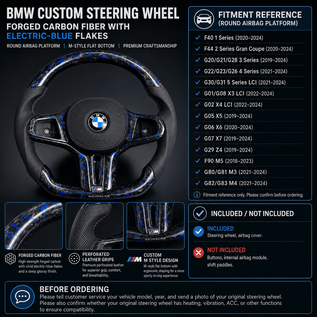 BMW forged carbon fiber custom steering wheel with electric-blue flakes installed in BMW interior, flat-bottom M-style design with perforated leather grips and tri-color stitching, compatible with BMW G02 G05 G06 G09 G11 G12 G15 G20 G22 G28 G29 G30 G38 G80 G82 F40 F90 models – CJ Mod Garage
