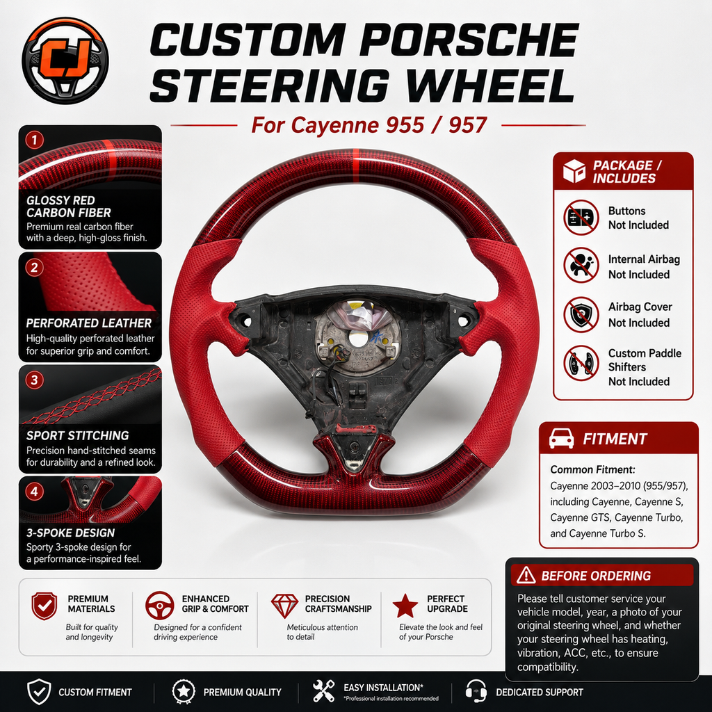 Porsche Cayenne Performance Steering Wheel Featuring High Gloss Red Carbon Fiber Red Leather Side Grips and Sport Center Mark for 955 957 2003 2010 CJ Mod Garage