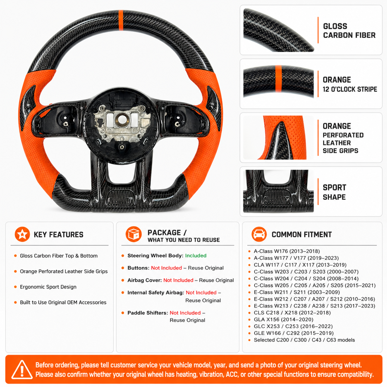 Custom Mercedes AMG steering wheel body with gloss carbon fiber orange perforated leather for W203 W204 W205 W211 W212 W218 C43 C63 C200 C300 CJ Mod Garage
