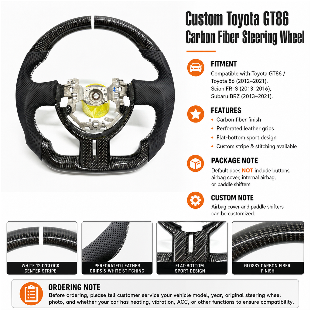 Custom Toyota 86 / GT86 carbon fiber steering wheel featuring glossy carbon weave, white center stripe, perforated leather and motorsport-inspired styling by CJ Mod Garage