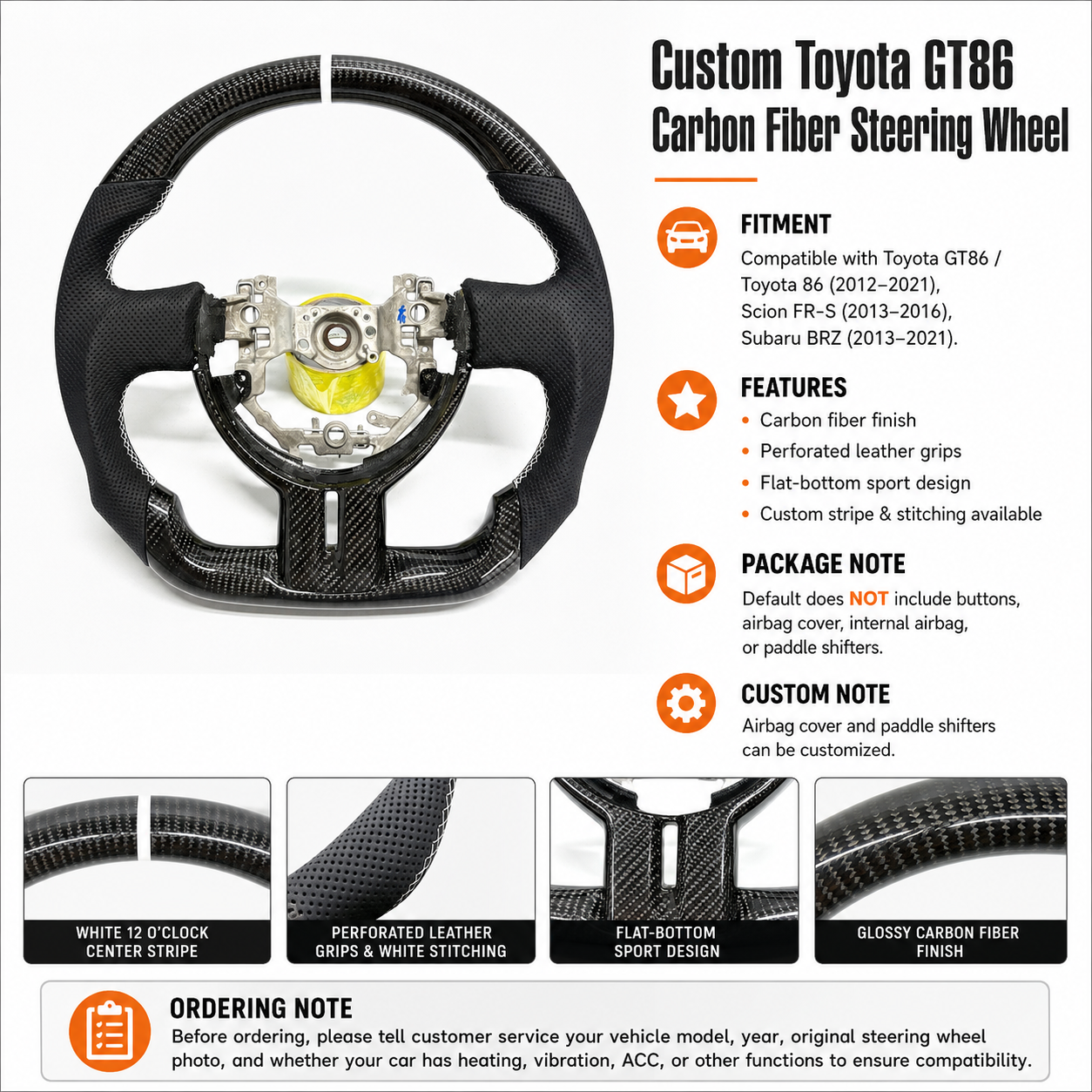 Custom Toyota 86 / GT86 carbon fiber steering wheel featuring glossy carbon weave, white center stripe, perforated leather and motorsport-inspired styling by CJ Mod Garage