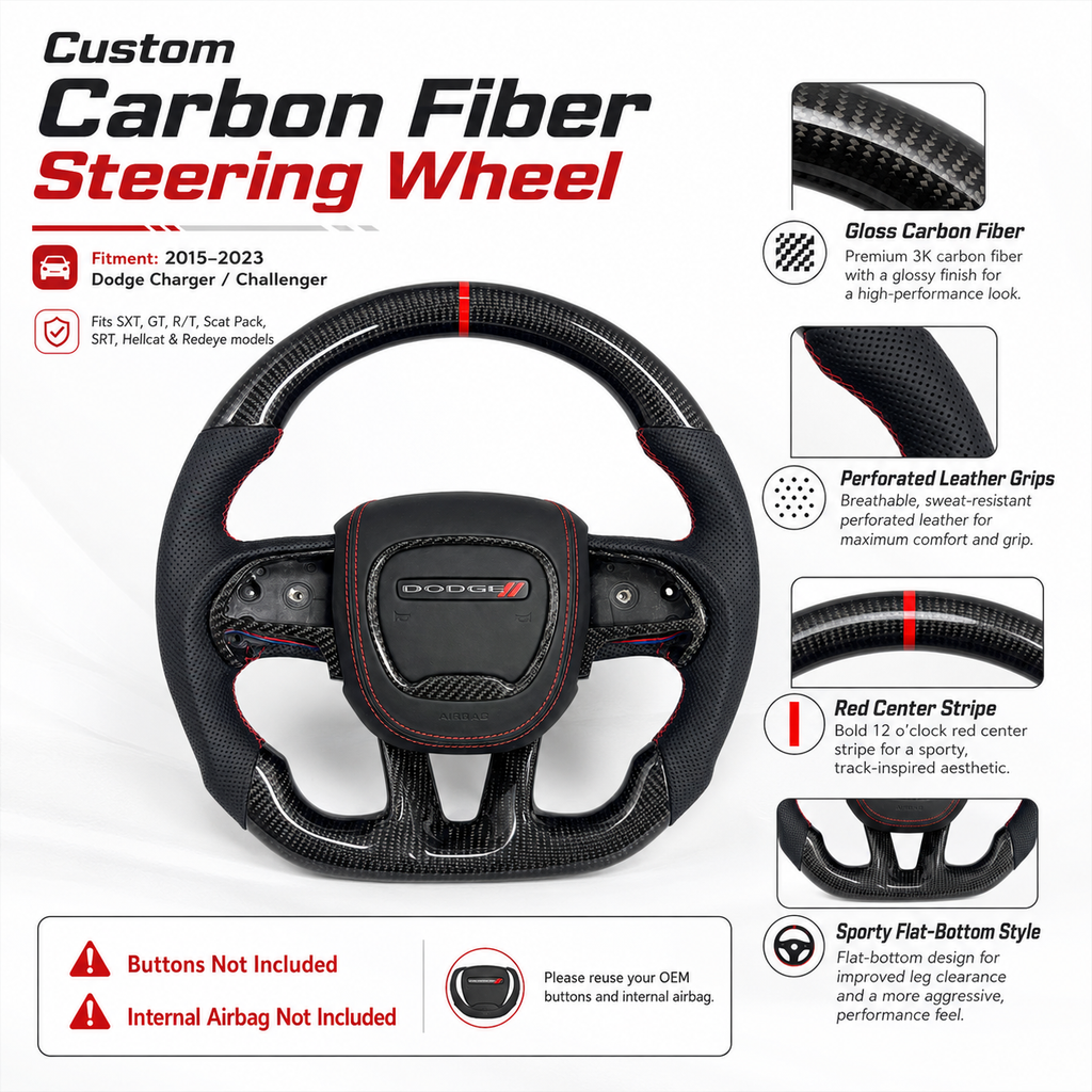 For Dodge Charger Challenger Hellcat Charger Durango SRT RT GT 2015-2023 Carbon Fiber Steering Wheel - CJ Mod Garage 45