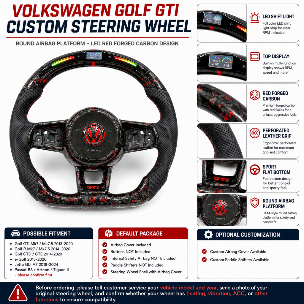 Volkswagen Golf GTI Mk7 2013 to 2020 red forged carbon LED steering wheel product information sheet CJ Mod Garage