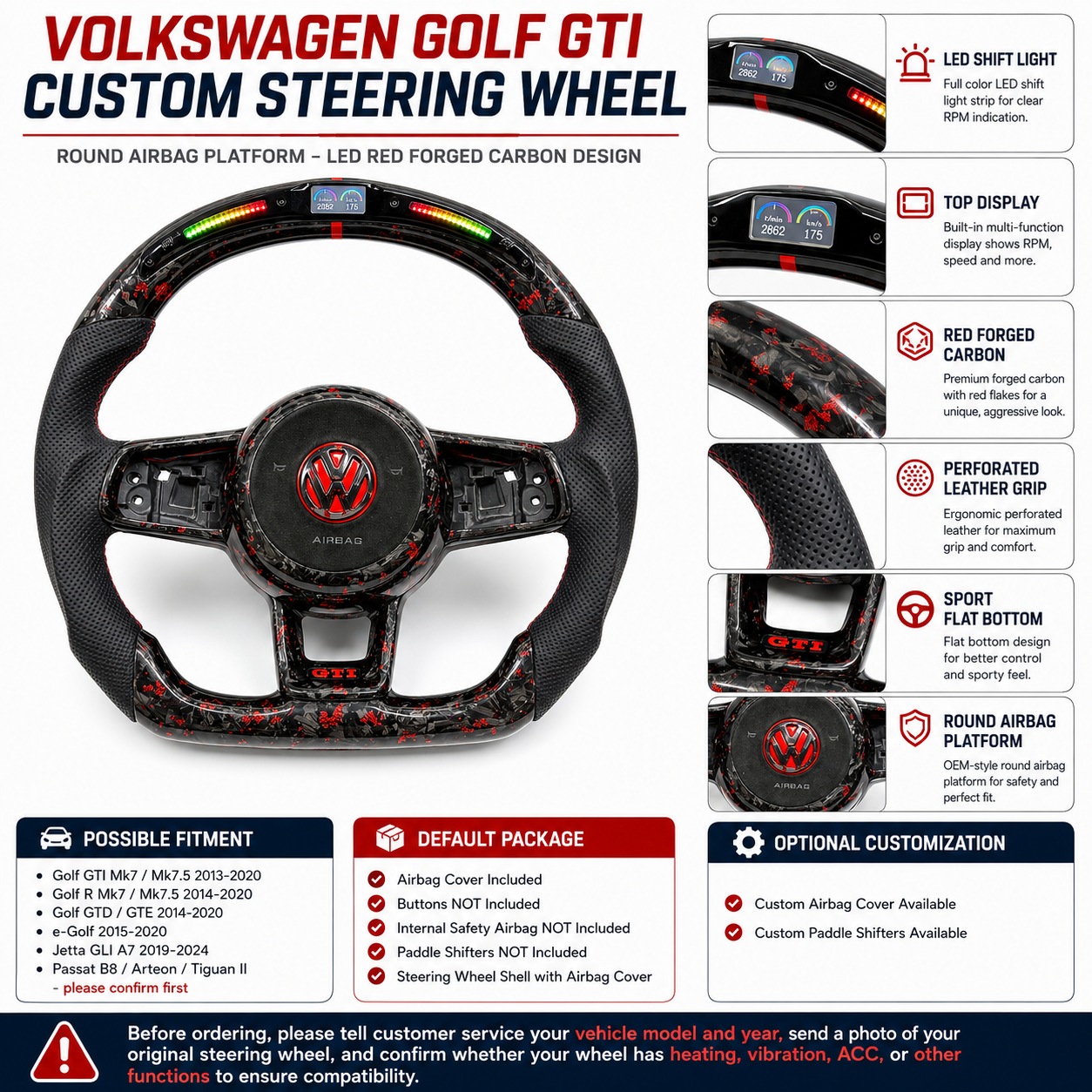 Volkswagen Golf GTI Mk7 2013 to 2020 red forged carbon LED steering wheel product information sheet CJ Mod Garage