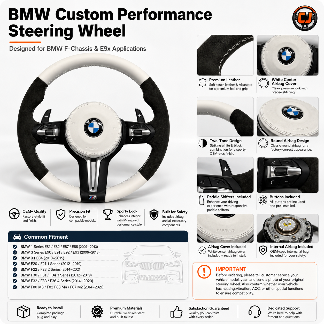 For BMW F10 F11 F15 F18 F20 F23 F25 F30 F32 F35 F40 F80 E84 E87 E90 E92 E93 2005-2019 Nappa Leather/Alcantara Steering Wheel - CJ Mod Garage 14
