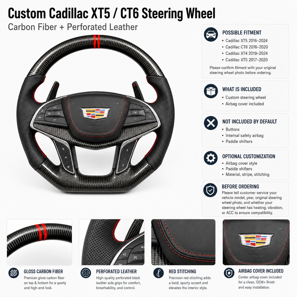 Cadillac XT5 CT6 custom carbon fiber steering wheel detail sheet with perforated leather by CJ Mod Garage