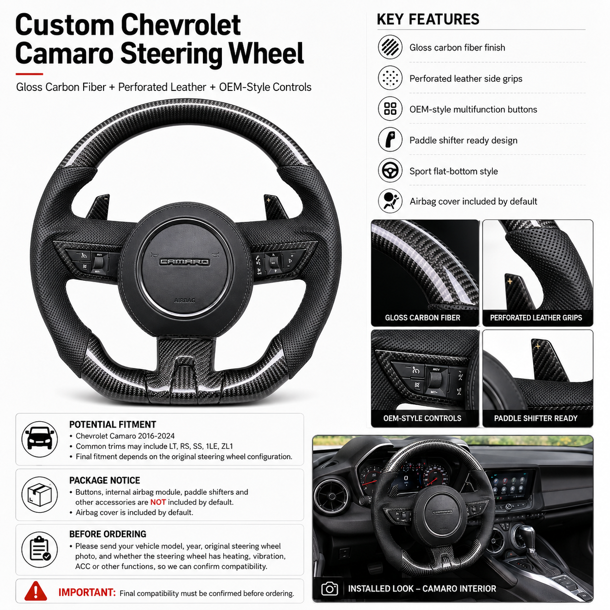 Custom Chevrolet Camaro steering wheel product detail image showing gloss carbon fiber perforated leather multifunction controls paddle shifter design and installed look