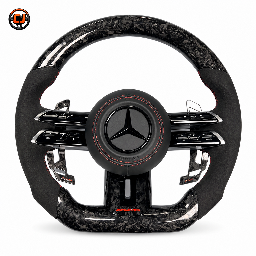 Mercedes W117 CLA C117 X117 2013-2019 forged carbon AMG steering wheel front view by CJ Mod Garage