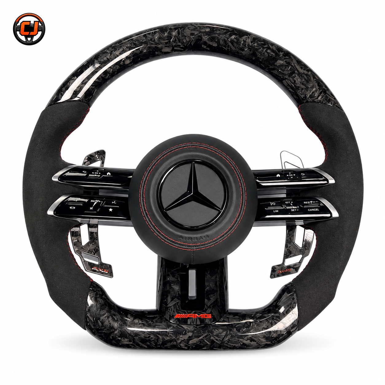 Mercedes W117 CLA C117 X117 2013-2019 forged carbon AMG steering wheel front view by CJ Mod Garage