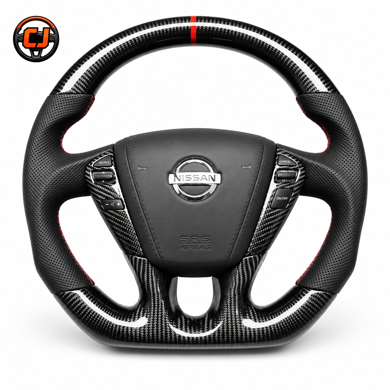 Nissan Sylphy custom steering wheel crafted from premium carbon fiber with multifunction button trim perforated leather and red center marker by CJ Mod Garage