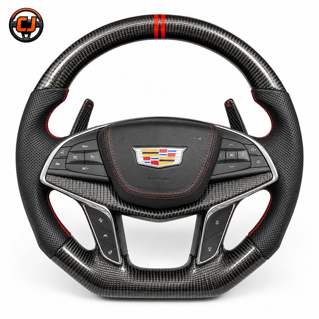 Cadillac XT5 CT6 gloss carbon fiber steering wheel with red stitching and sporty paddle shifters by CJ Mod Garage