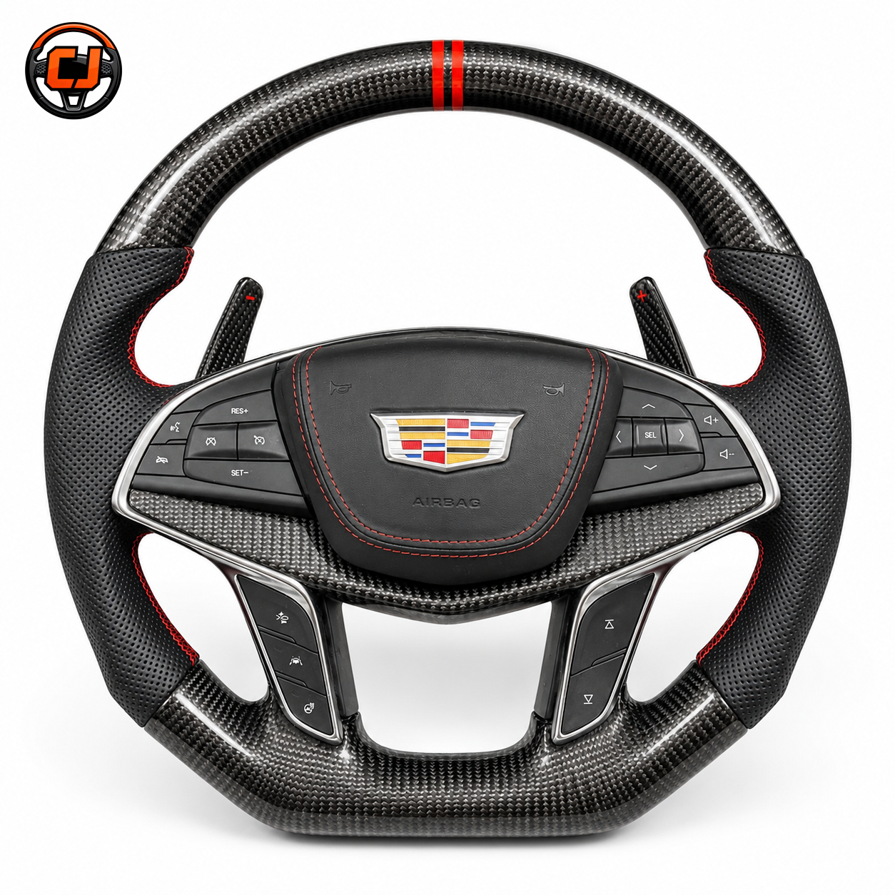 Cadillac XT5 CT6 gloss carbon fiber steering wheel with red stitching and sporty paddle shifters by CJ Mod Garage