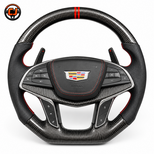 Cadillac XT5 CT6 gloss carbon fiber steering wheel with red stitching and sporty paddle shifters by CJ Mod Garage