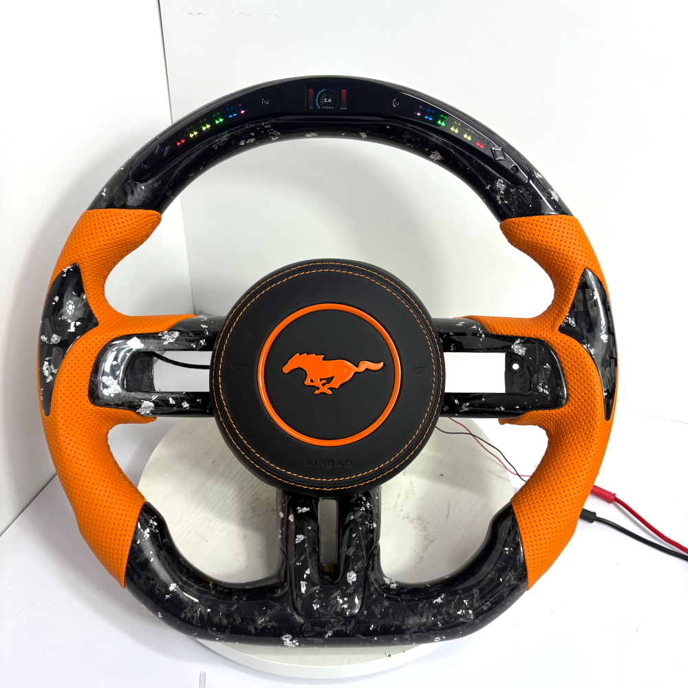 FOR Ford Mustang S550/GT 2015-2023 Carbon Fiber Steering Wheel - Silver Forged Carbon Fiber & Orange Perforated Leather & LED & Airbag Cover - CJ Mod Garage